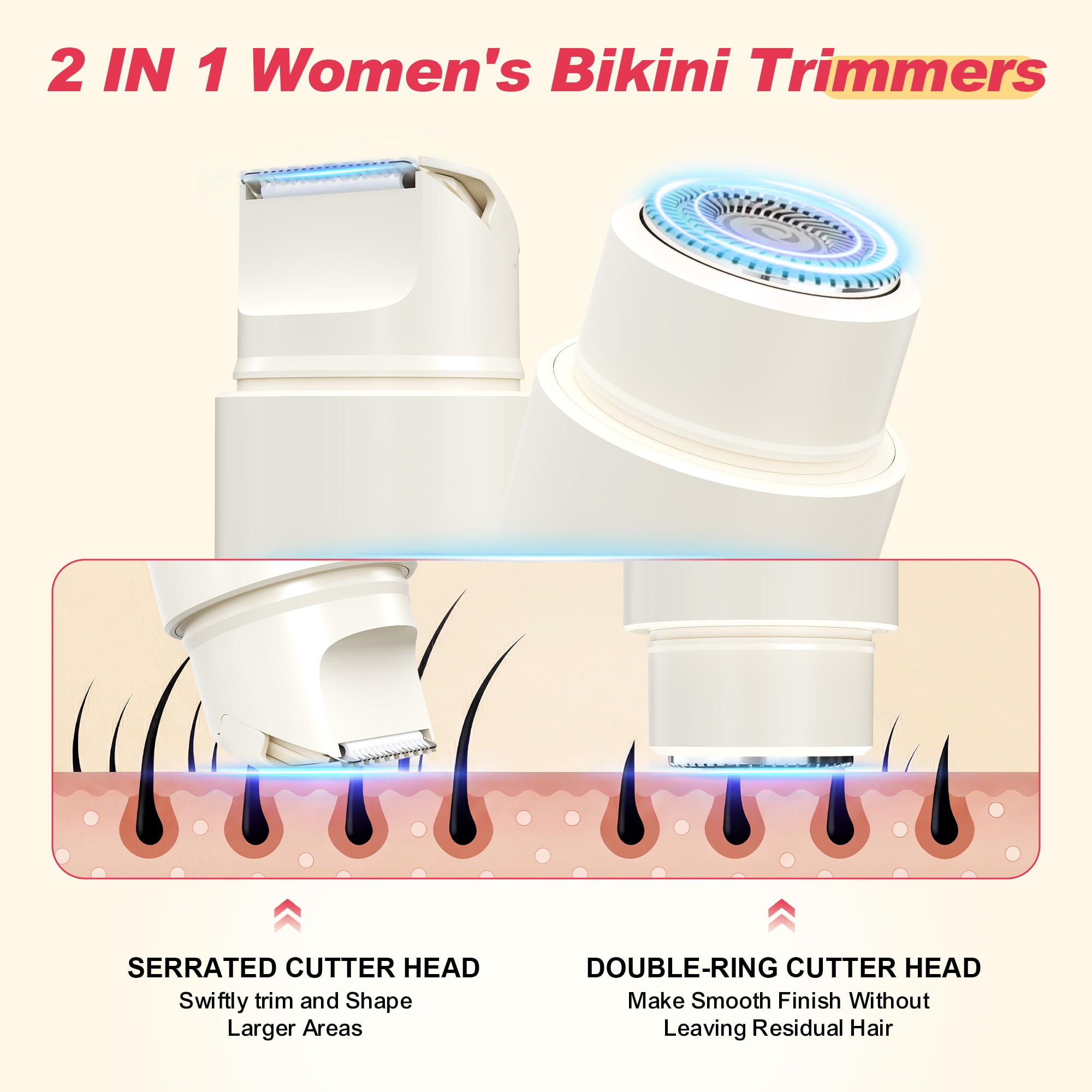 Sunvivi Versatile 2-in-1 Electric Bikini Trimmer for Women: Waterproof Pubic Razor for Face Body Bikini Underarm Leg Arm, White