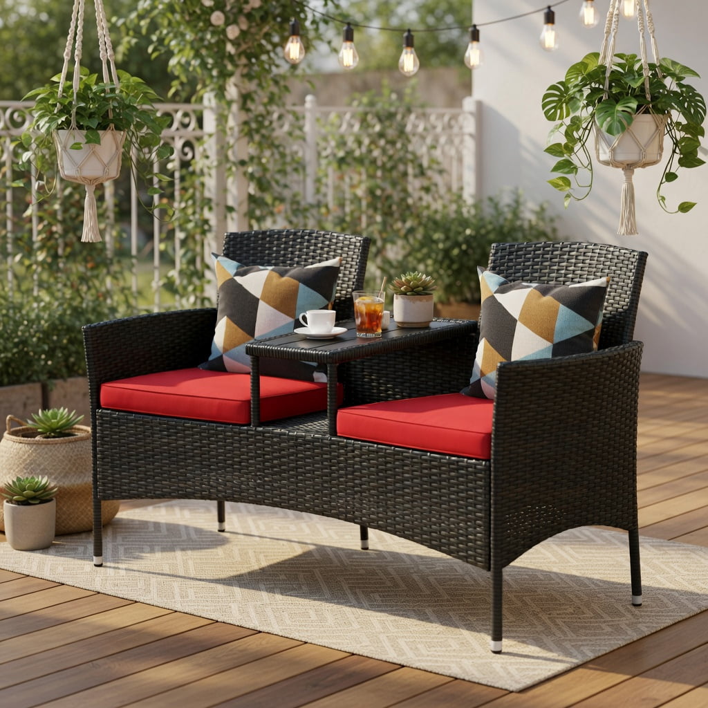 Resenkos 3 Piece Patio Conversation Bistro Set with Seat, Balcony Furniture Outdoor Rattan Patio Conversation Set with Built-in Coffee Table and Cushions for Garden Porch Yard, Red