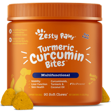 Zesty Paws Multifunctional Turmeric Curcumin Bites for Dogs of All Ages, Duck Flavor, 90 Count, Overall Wellbeing