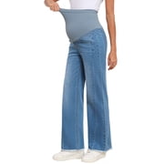 DOKOTOO Women's Maternity Jeans with Full Elastic Panel - High Waist Over The Belly Straight Leg Stretchy Pregnancy Jean Raw Hem Frayed Denim Pants