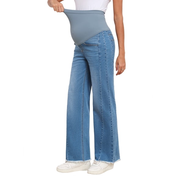 DOKOTOO Women's Maternity Jeans with Full Elastic Panel - High Waist Over The Belly Straight Leg Stretchy Pregnancy Jean Raw Hem Frayed Denim Pants