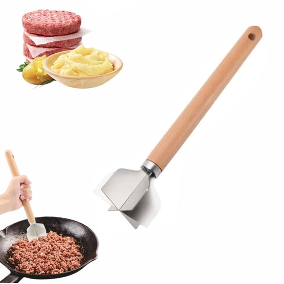 New Stainless Steel Meat Chopper, Natural Wooden Handle, Upgraded Six-Blade Head Wooden Metal Meat Ground Beef Masher for Kitchen Cooking Vegetable Puree