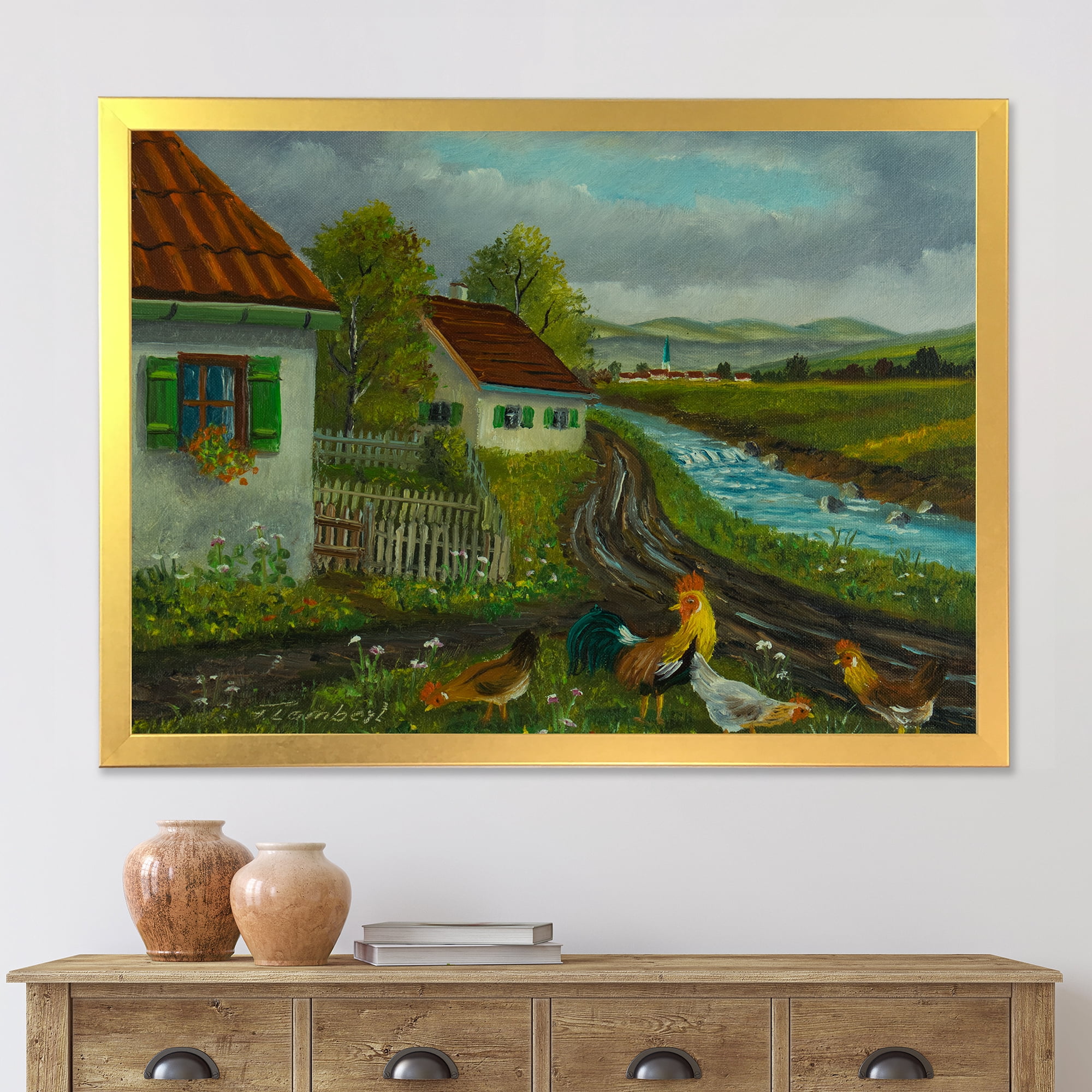 Designart 'A Cock and Three Chickens In A Meadow With Flowers' Farmhouse Framed Art Print