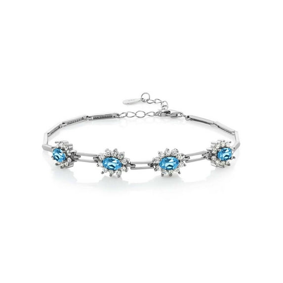 Gem Stone King 925 Sterling Silver Swiss Blue Topaz Tennis Bracelet for Women (4.20 Cttw, Gemstone Birthstone, Oval 6X4MM, 7 inch with 1 inch Extender)