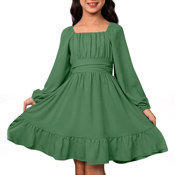Fgnfyis Dresses for Girls Fashion Casual Long Sleeve Backless Waist Tie Outdoor Spring Summer Fall Toddler Girl Dresses Green 8-9 Years