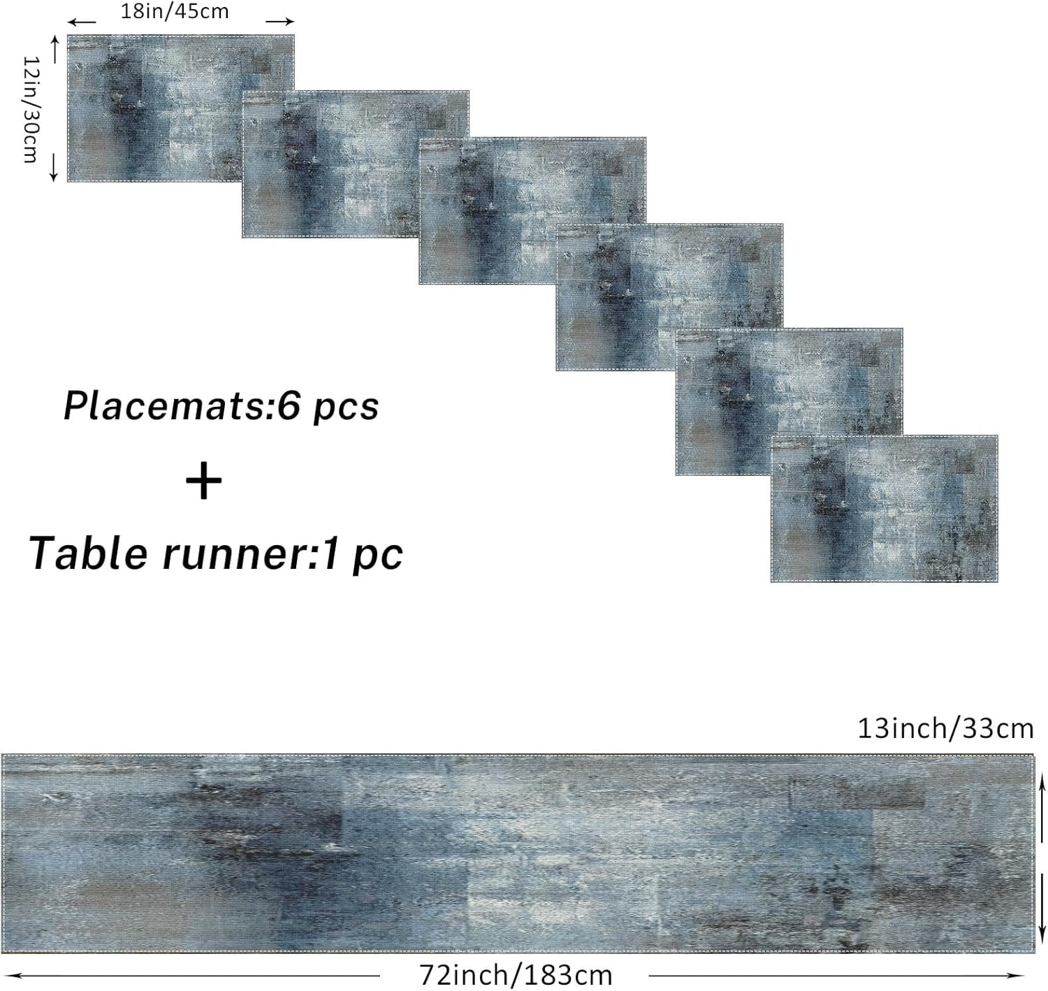 Vintage Blue Grey Table Runner and Placemats Set of 6, Modern Abstract Painting Art Dining Decor for Daily Use(1 Table Runner 72 inches Long and 6 Placemats)