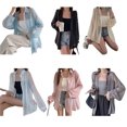 thumbnail image 6 of Women Casual Chiffon Sheer Blouses Long Sleeve Lapel Collar Button Down Loose Shirts Tops Sunscreens Outwear, 6 of 8