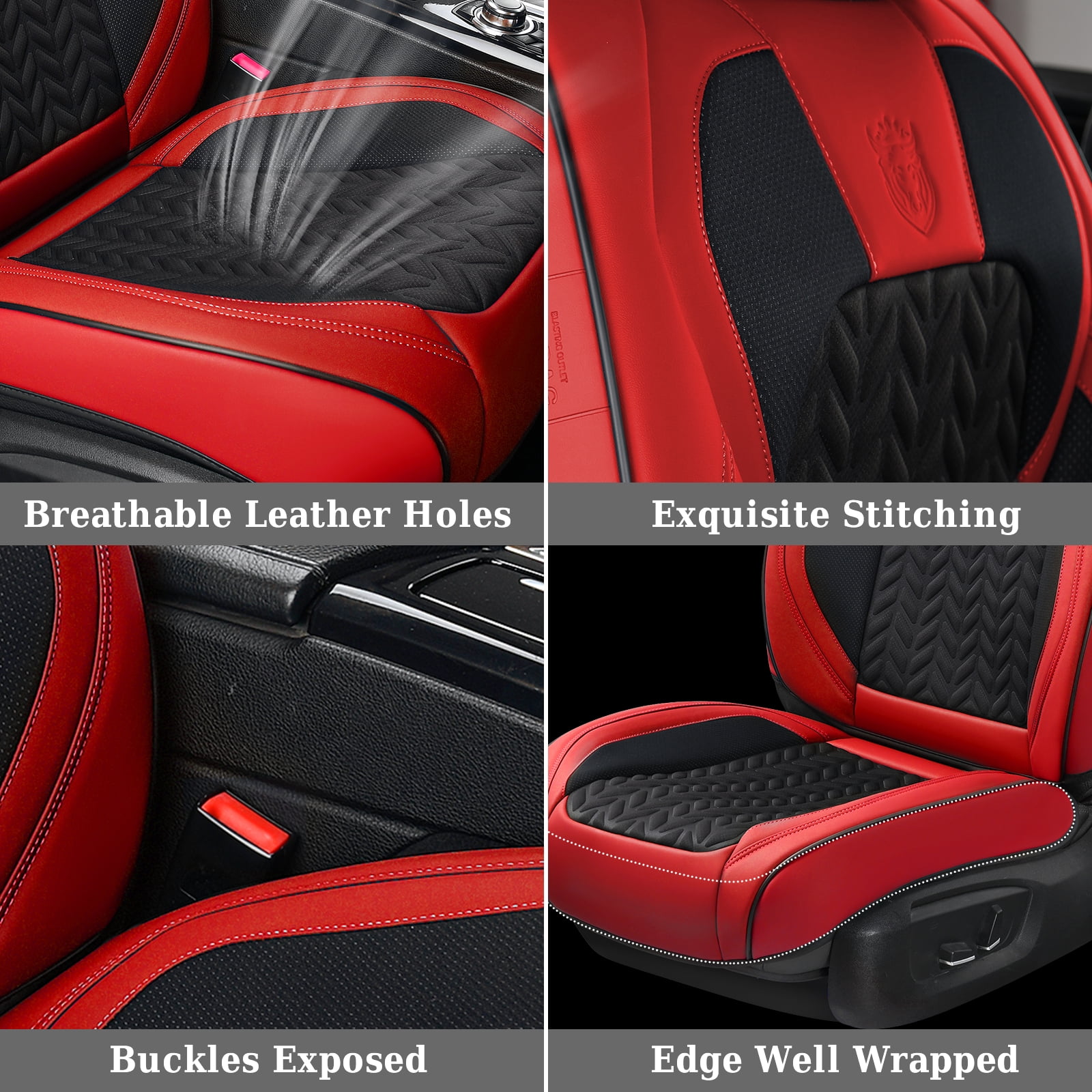 Coverado Black&Red Car Seat Covers Full Set, Faux Leather Seat Protectors with Embossed Grains, Front and Back Auto Cushions Universal Fit Most Cars, Sedans, SUVs and Trucks