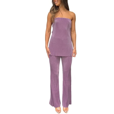 

Women s Backless Bra Top High Waist Pleated Wide Leg Pants Fashion Set