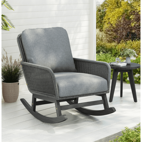 Euroco Modern Wicker Rocking Chair with Cushions, PE Rattan Patio Rocker with Wooden Frame for Indoor & Outdoor Use