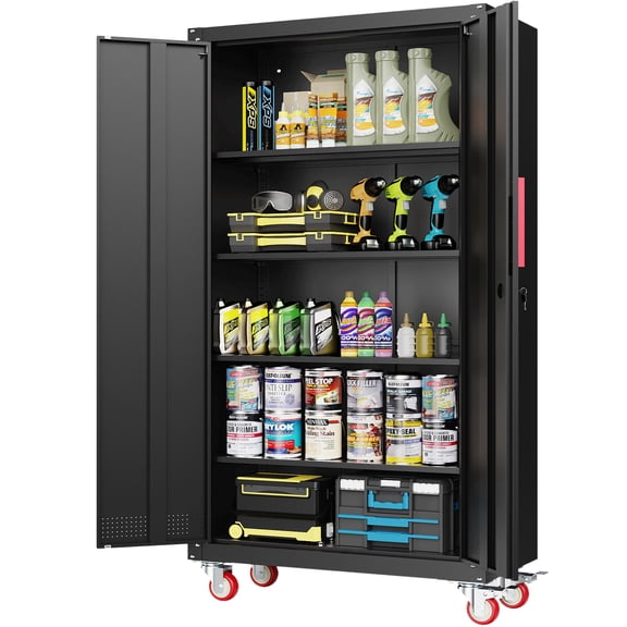HIWALEN Metal Garage Storage Cabinet with 4 Adjustable Shelves & Universal Wheels | 71" Steel Lockable Garage Cabinets, Heavy-Duty Tool Storage Cabinet for Home, Basement, Workshop (Black)