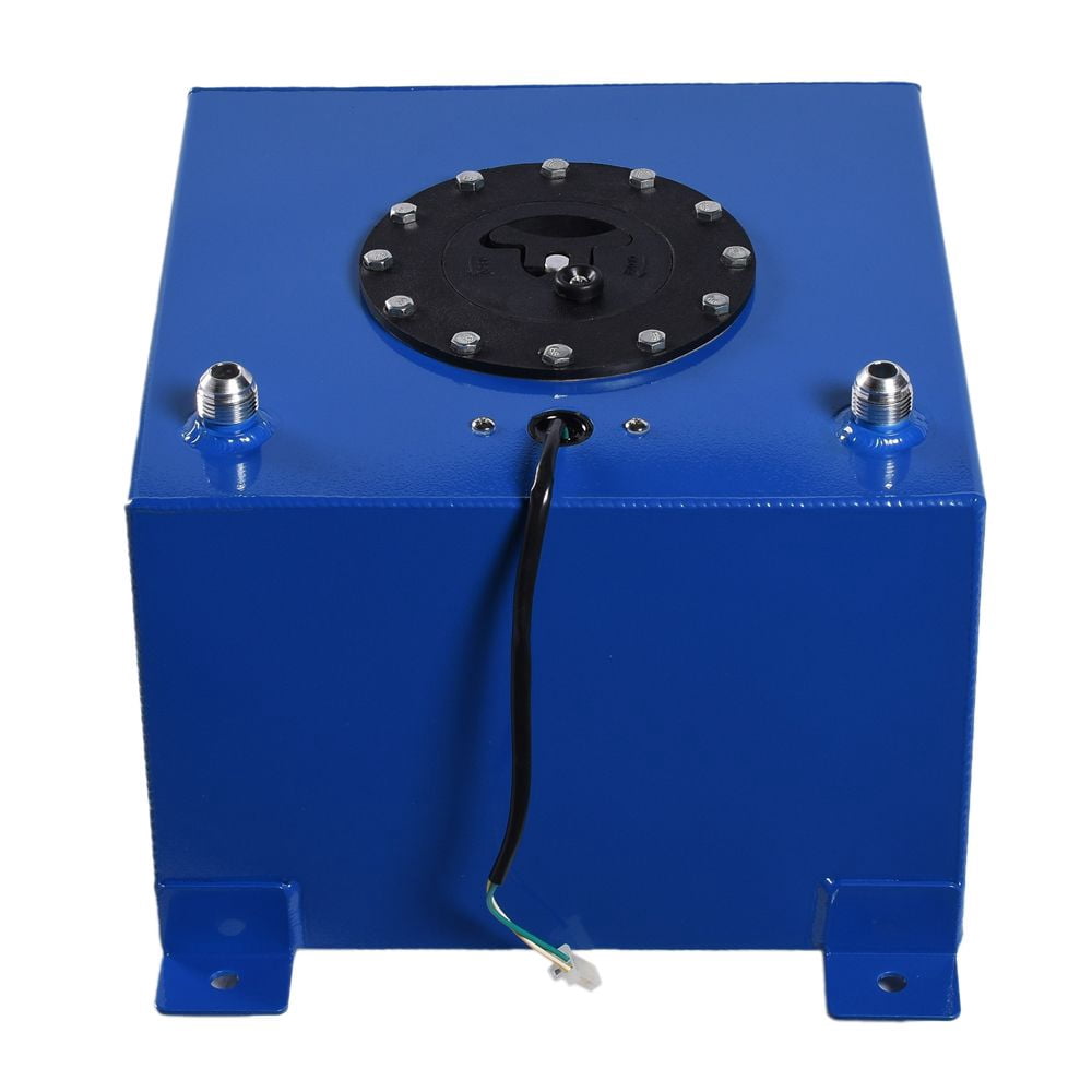 Universal 5 Gallon 20L Aluminum Fuel Tank with 0-90 Ohm Fuel Sender, Blue Finish, Dual -10 Outlets & Vent Outlets, Includes Anti-Slosh Foam, 12x12x8 in, SKU 37899589