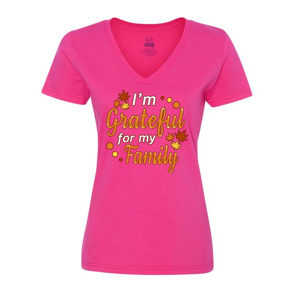 Inktastic I'm Grateful for My Family in Orange with Fall Leaves Women's V-Neck T-Shirt