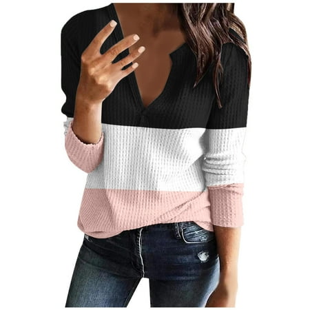 JGGSPWM Women s Deep V Neck Waffle Knit Henley Shirts Striped Pullover Fall Spring Tops Casual Long Sleeve Sweaters Fashion Comfy Blouses to Wear with Leggings Pink S