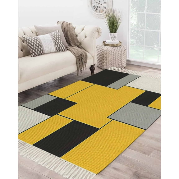 Yellow Abstract Large Area Rug 4x6ft Woven Runner Rug,Geometric Grey Black White Lattice Washable Living Room Bedroom Kitchen Bathroom Classroom Carpet with Tassels,Indoor Outdoor Throw Door Mat