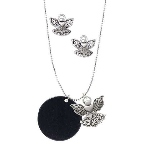 Delight Jewelry Acrylic 1 1/8" Disc Black Silver tone Guardian Angel Charm Necklace and Stud Earrings
