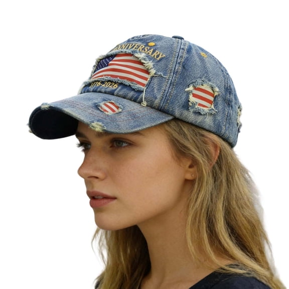 250 Anniversary USA Hat - Distressed Denim Hat 1776–2026 Print Patriotic Baseball Cap with Adjustable Buckle,Blue