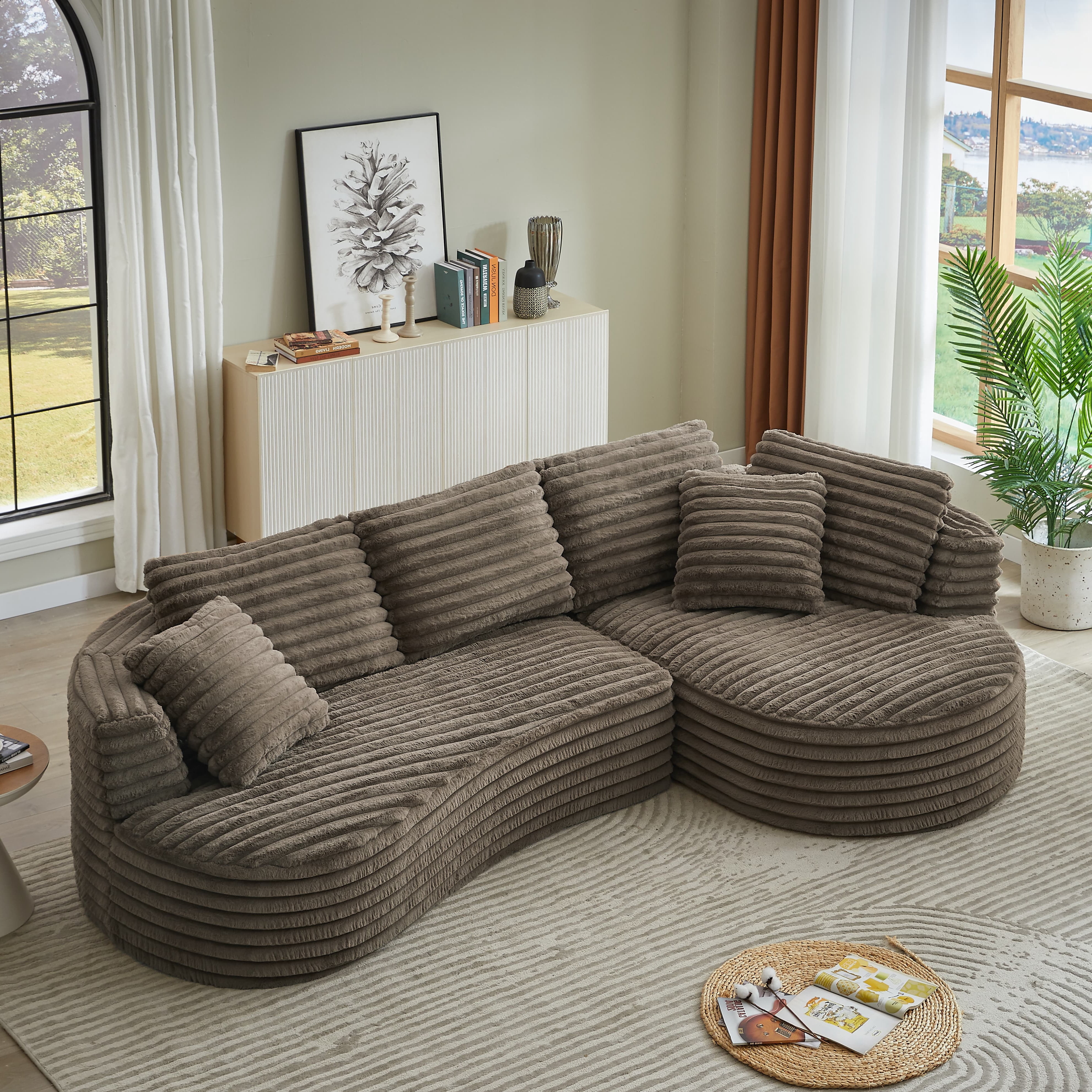 MAYEERTY 120.9" Brown Corduroy Curved L Modular Sectional Sofa, Pocket Spring No Assembly Couch for Living Room Reception