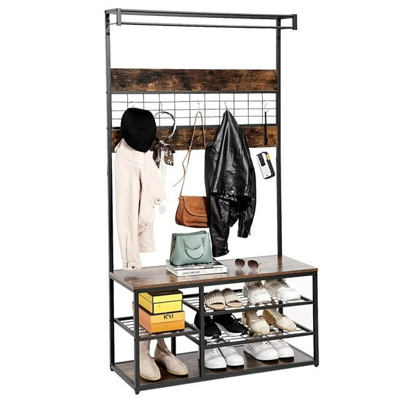 Hall Tree with Bench and Shoe Storage, Wooden Coat Rack with 5 Hanging Hooks, Entryway Shoe Bench with Metal Shelves, Rustic Brown