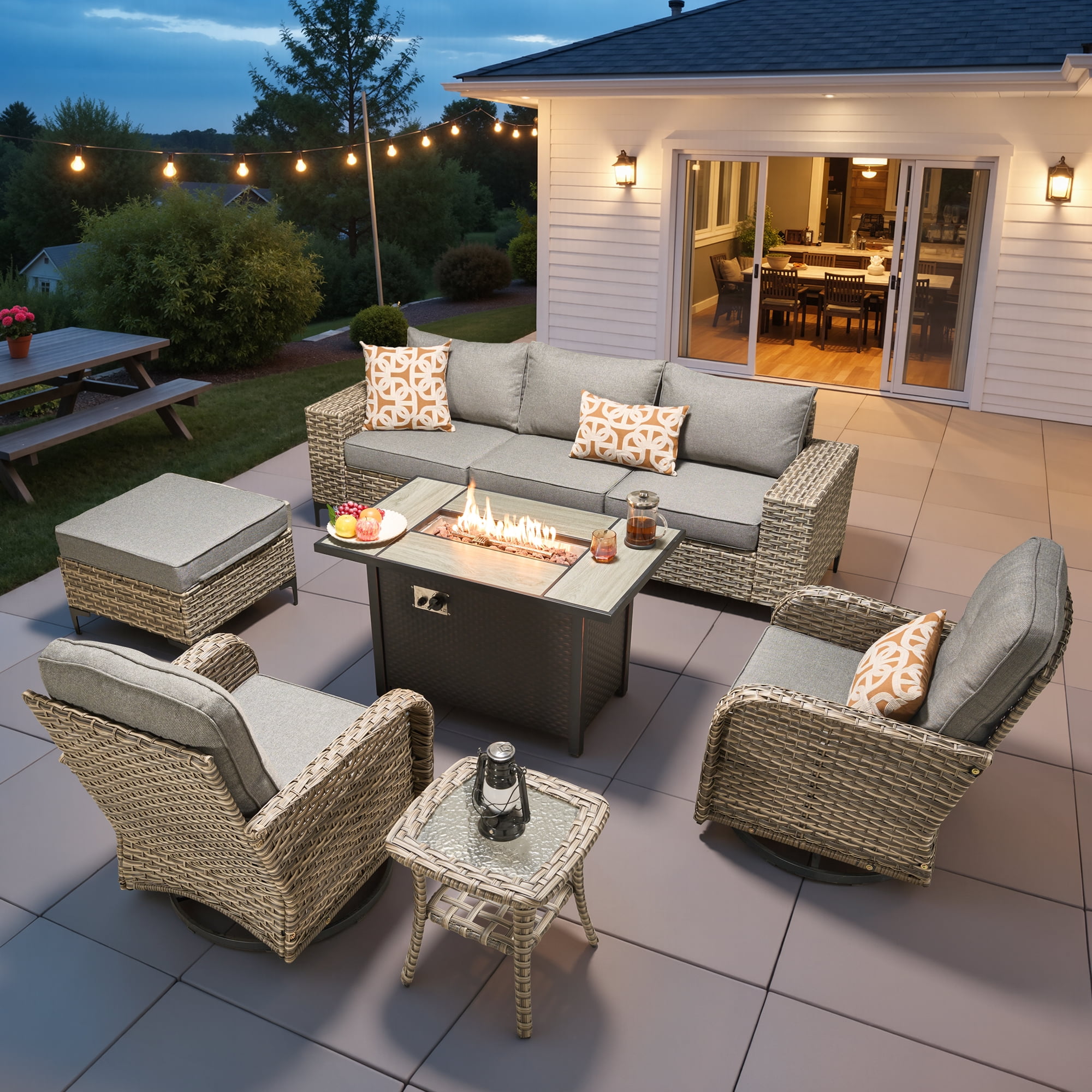 Ovios 9 Pieces Wicker Patio Furniture Sets Outdoor Conversation Sectional Sofa with Swivel Chairs & Fire Pit