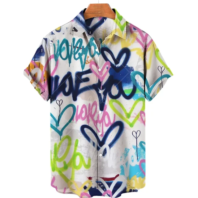 Summer Men's Shirts Colorful Graffiti 3D Printing Hawaiian Shirts Single Row Button Short Sleeves Men's Trend Loose Tops