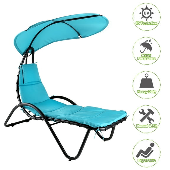 Wubio Hanging Chaise Lounge Chair Outdoor Hammock Lounger Patio Chair w/ Shade Canopy-Blue