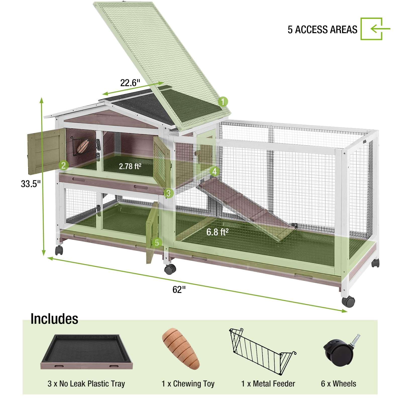 BUTINGLALE Rabbit Hutch with Chew-Resistant Ramp Indoor Bunny Cage Outdoor Guinea Pig Cage with Wheels and Leakproof Tray