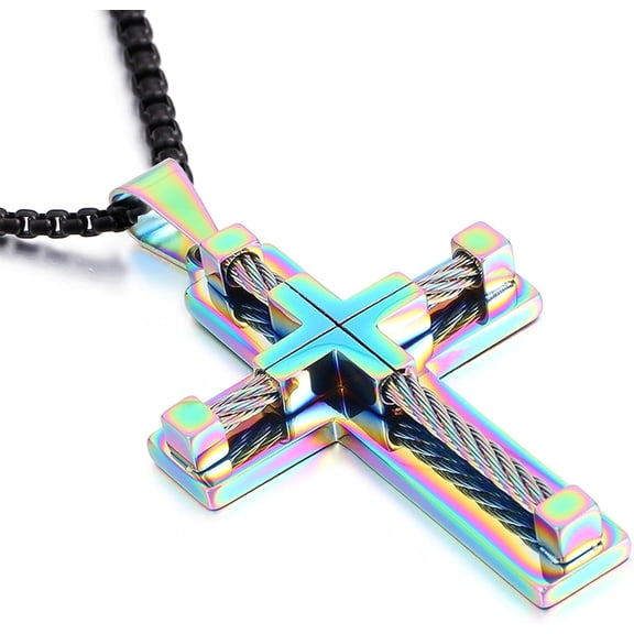 SUETOR Men's Cross Necklace 316L Stainless Steel Large Jesus Christ Pendant Jewelry Rolo Chain for 24″