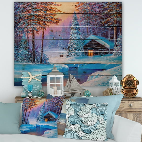 Designart 'Old Cabin In Winter Forest In Evening Glow I' Traditional Print on Natural Pine Wood