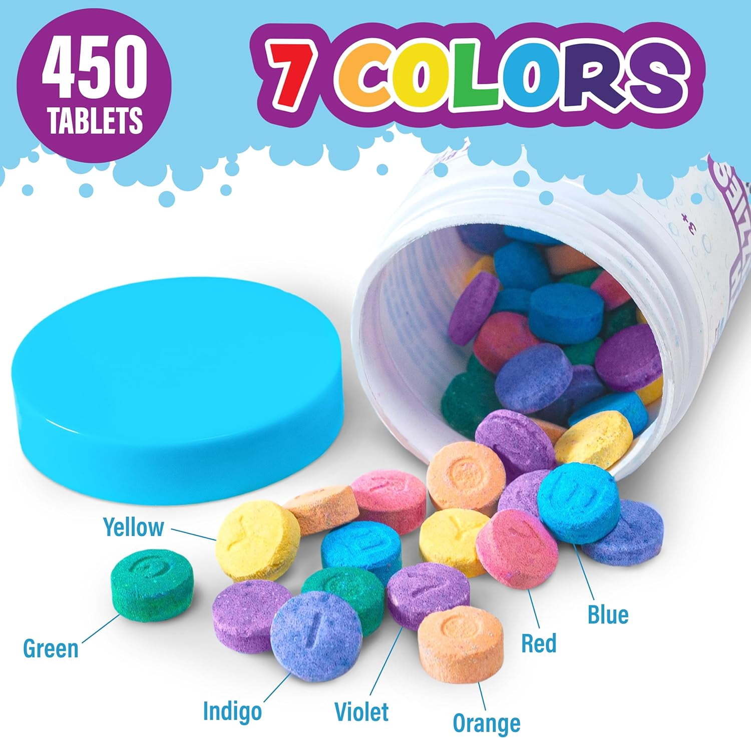 Tub Works Bath Color Fizzies, 150 Count, 3 Pack, Bath Color Tablets for Kids & Toddlers, 7 Colors