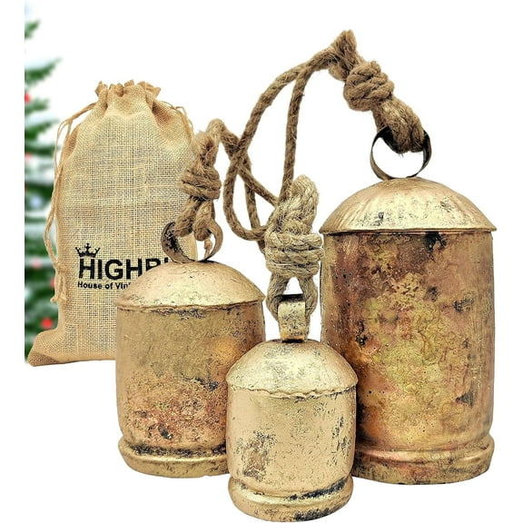 HIGHBIX Set of 3 Giant Harmony Cow Bells Huge Vintage Handmade Rustic Lucky Christmas Hanging XL Bells On Rope (Country Rustic, Large)