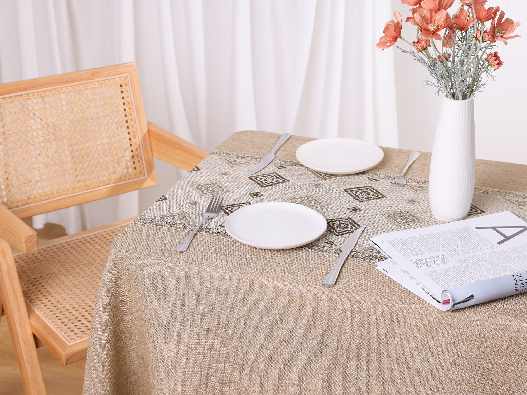 Unique Bargains Rustic Tablecloth Cotton Linen Waterproof Table Cover with Tassels, Checkered Coffee 55"x71"