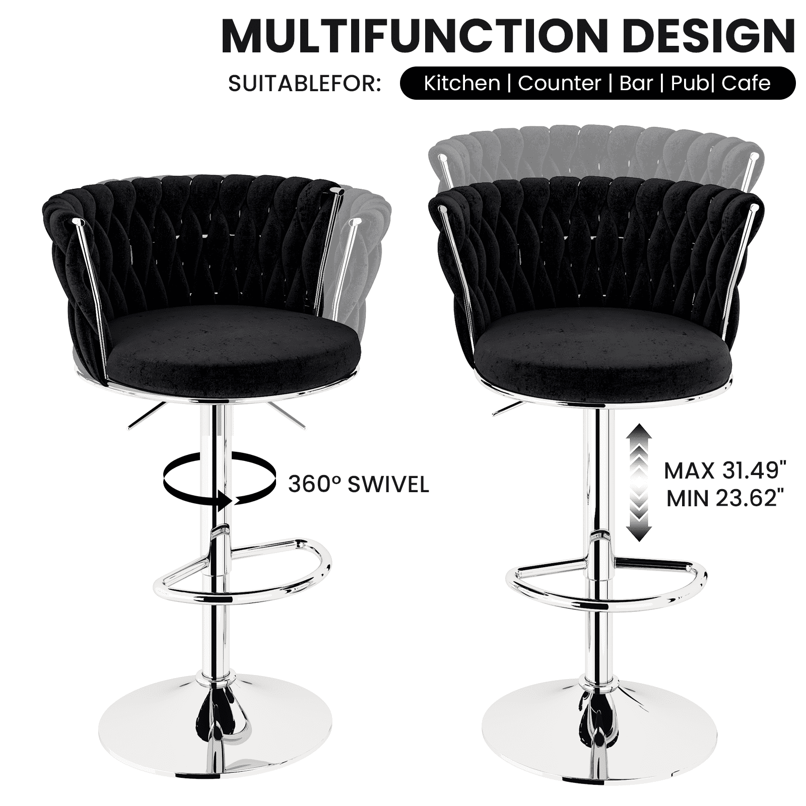 Baxluxe Swivel Bar Stools Set of 2, Velvet Counter Height Bar Chairs with Footrest, Adjustable High Stools Bar Chairs with Metal Base, Island Stools Bar Height Chairs for Kitchen Island, Pub, Black