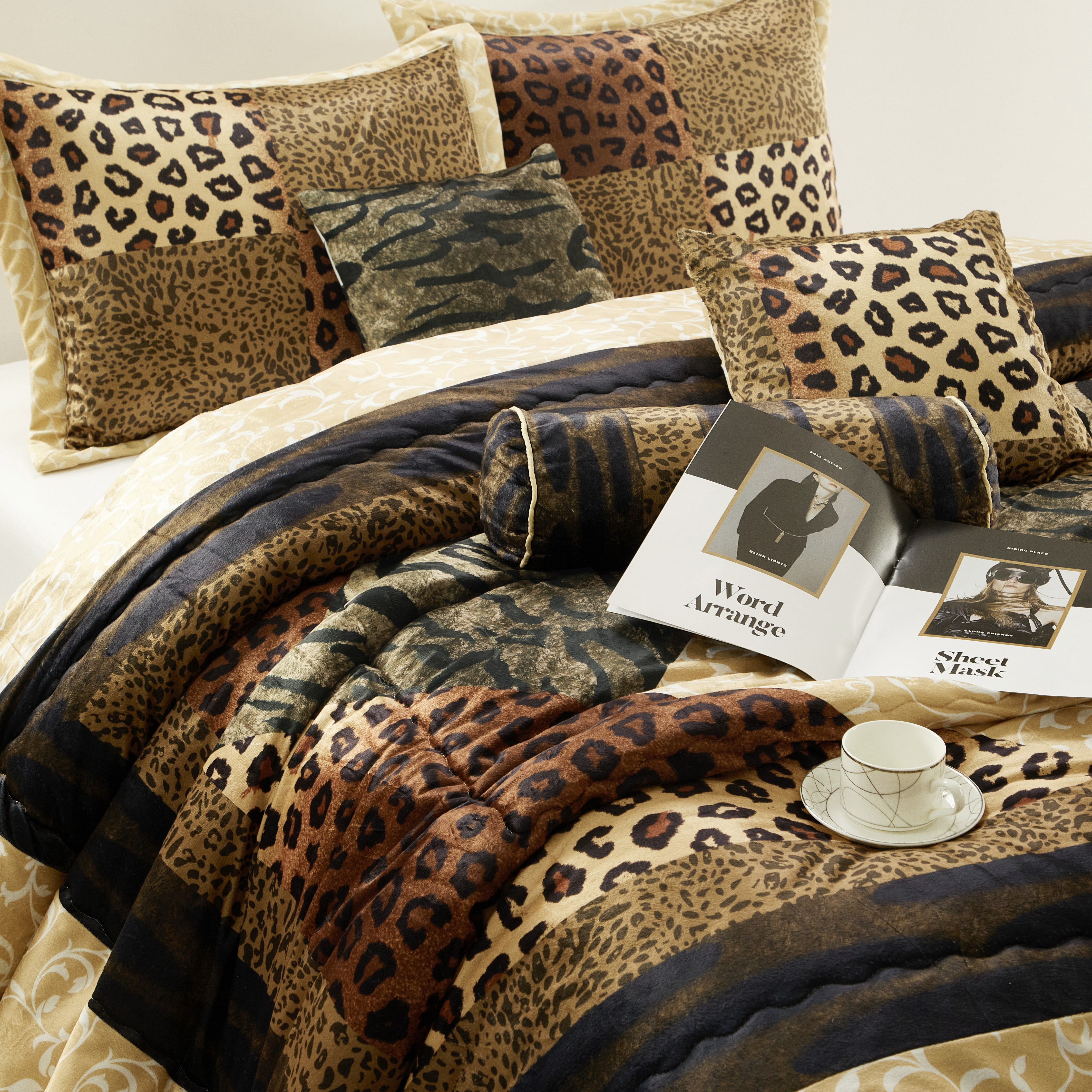 Lanco Aris Leopard Print 7-Piece Comforter Set, Brown And Black, Bed Size King, 100% Polyester, Abstract