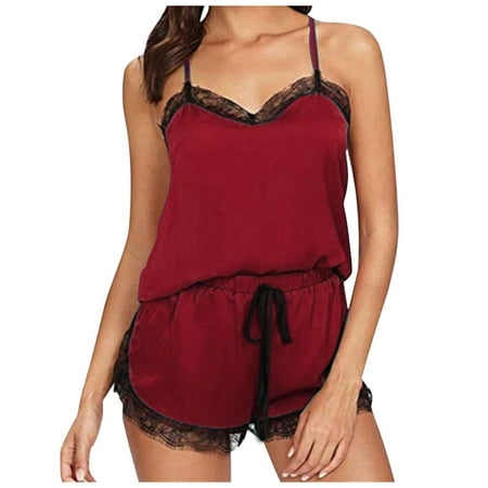 

Homewear plus soft loose Women Pajamas Suspender Pajamas Lace Edge Satin Top Pajamas Suit Sleepy heads