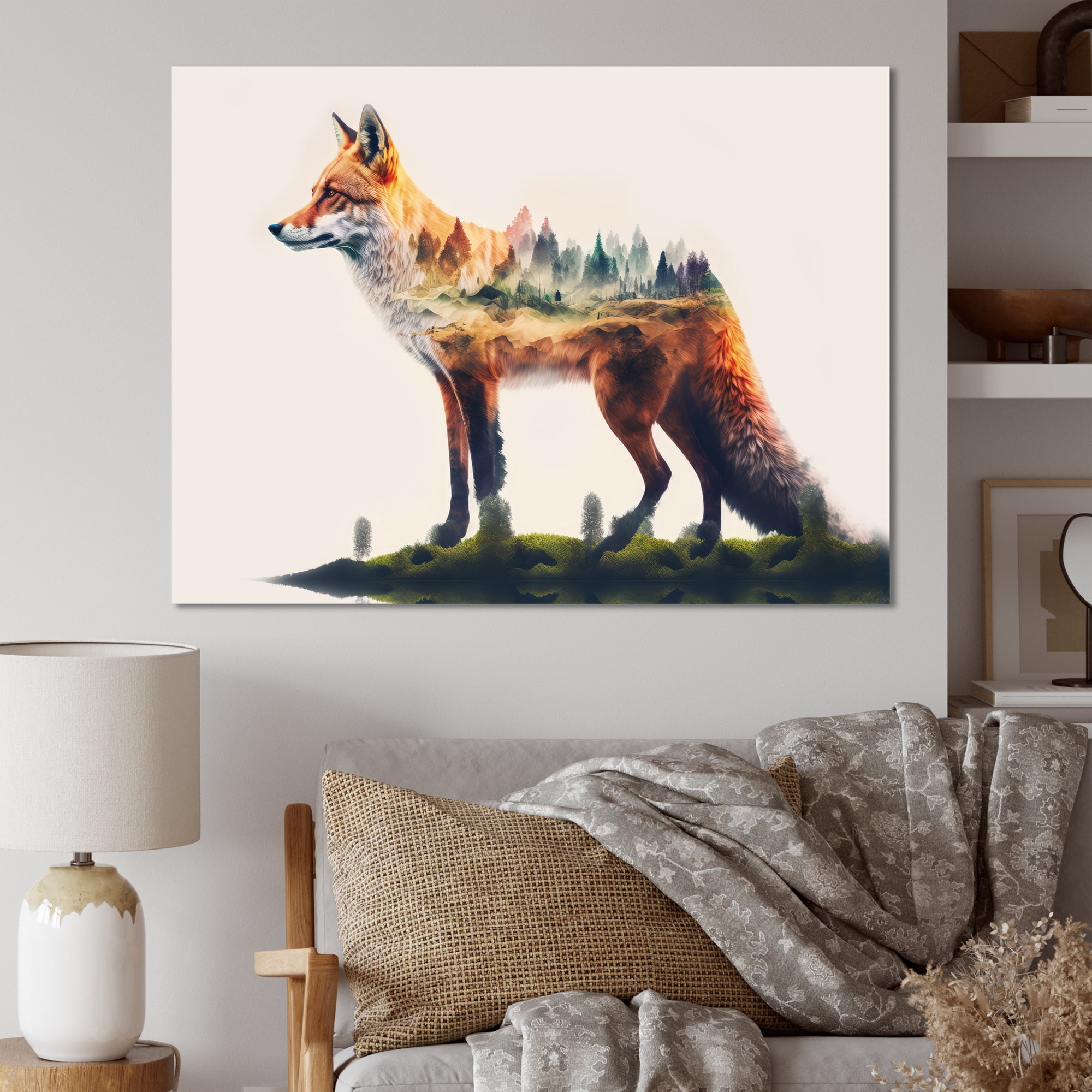 Designart Double Exposure Of A Fox With Nature Canvas Wall Art