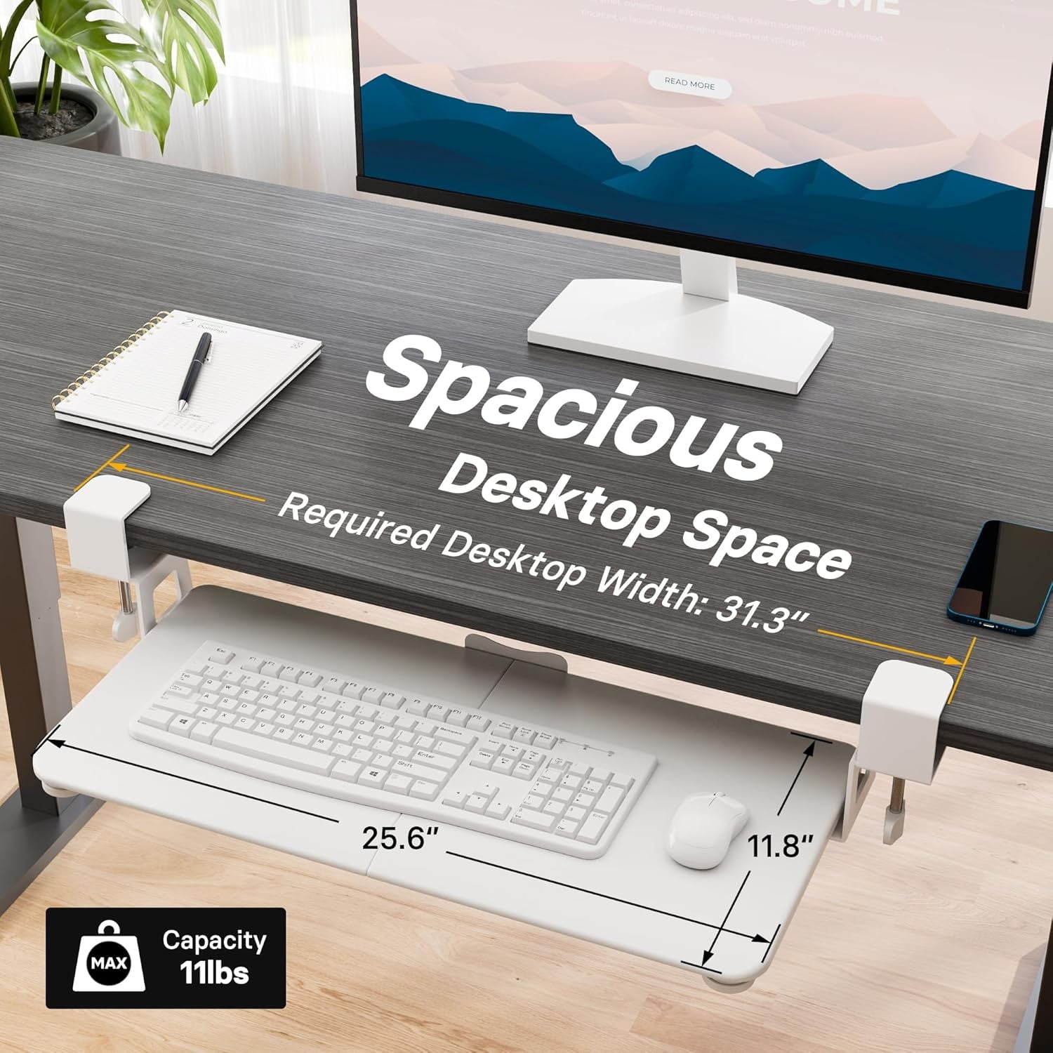 Under Desk Keyboard Tray, Pull-Out Keyboard & Mouse Platform with C-Clamp, 25.6 x 11.8 in Space-Saving Ergonomic Slide-Out Drawer, White