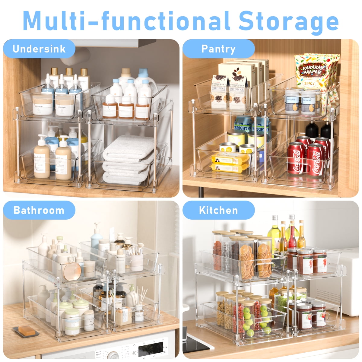 2-Tier Clear Under Sink Organizers and Storage, 2 Pack Pull-Out Cabinet Organizer,Vanity Countertop Container,Stackable Under Sink Organizer Organizers for Kitchen,Bathroom, Pantry Storage