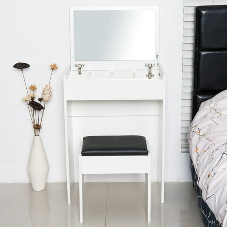 Stool Set Makeup Desk With Flip Top, Mirrored Vanity Furniture