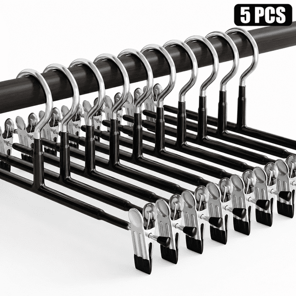 THDFTDT Pants Hangers – 5 Pack 12-Inch Slim Metal Skirt Hangers with 4 Non-Slip Rubber Clips Each, Space-Saving for Jeans, Dresses & Heavy Fabrics