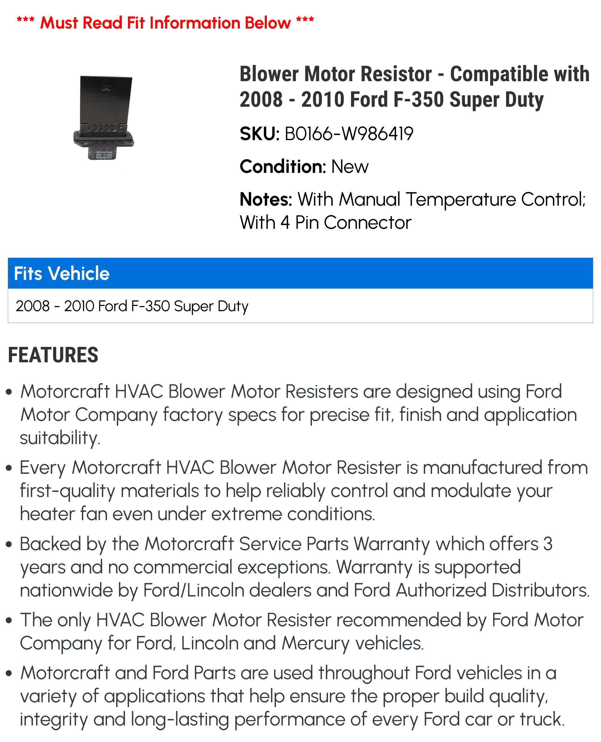 Blower Motor Resistor - Compatible with 2008 - 2010 Ford F-350 Super Duty 2009