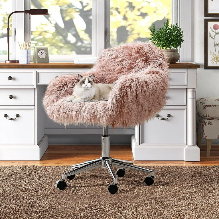 Modern Vanity Chair Pink Faux Fur Desk Chair Cute Fluffy Upholstered Vanity Chair Height Adjustable Office Chair Home Swivel Accent Chair with