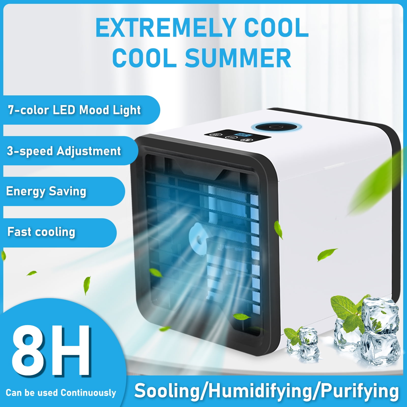 3 in 1 Portable Air Conditioners, Quiet Mini Air Conditioner with 3 Speeds/7 Colors LED Light/Humidification Function, USB Desktop Personal Air Cooler Fan for Home, Bedroom Room, Office, Car