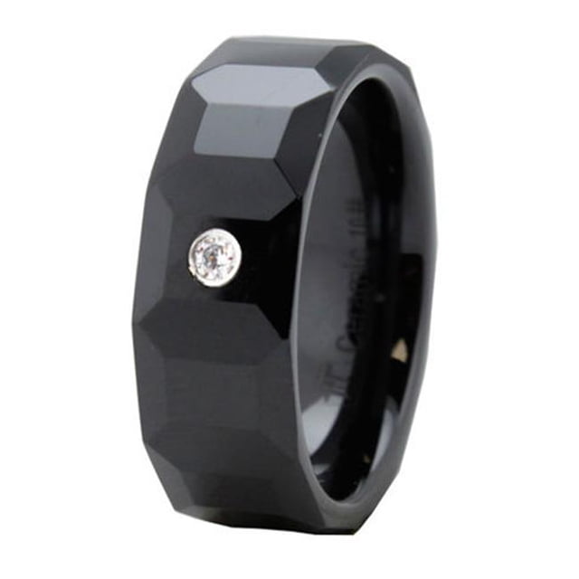 Black Multi-Faceted Ceramic Ring with CZ - Size 11.5