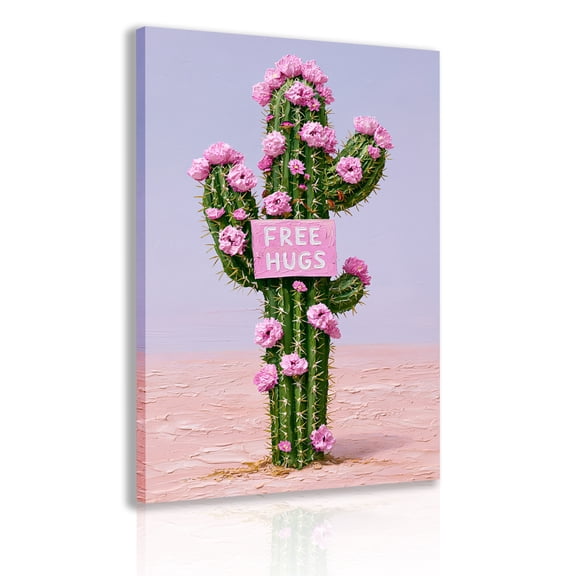 "Free Hugs" Cactus Quote Canvas Painting, Fun Desert Wall Decoration, Pink Cactus Print, Humorous Art, Suitable for Bohemian Home Decor Poster Frame