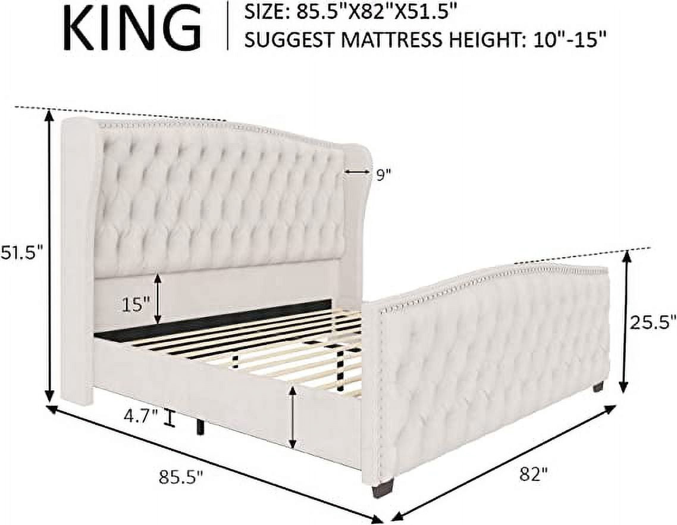 Amerlife King Bed Frame with Velvet Upholstery, Tufted Wingback Headboard and Nailhead Trim, Cream