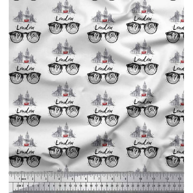 Soimoi White Rayon Fabric I Love London Text Printed Fabric 1 Yard 42 Inch Wide