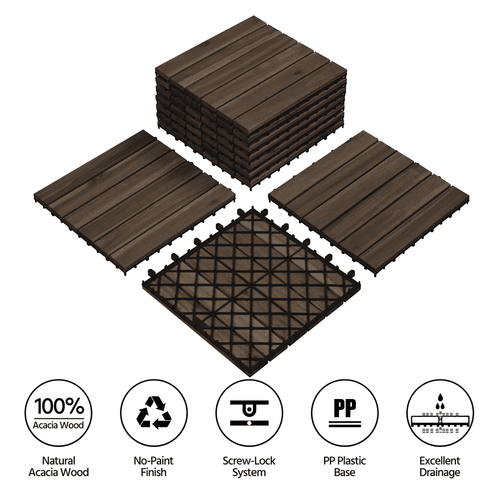 Renwick 12 × 12 in Pack of 27 Acacia Wood Interlocking Flooring Tiles for Outdoor & Indoor, Black