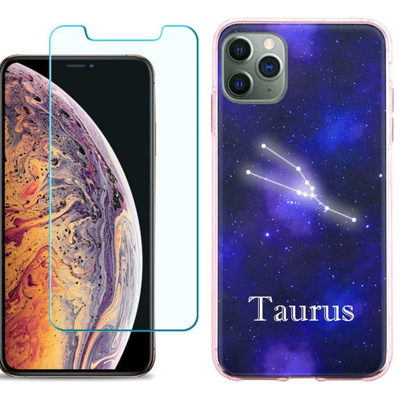 For Apple iPhone 11 Pro Max Case , Slim-Fit TPU Protective Phone Case (Pink Bezel) with Tempered Glass Screen Protector, by OneToughShield ® - Zodiac / Taurus