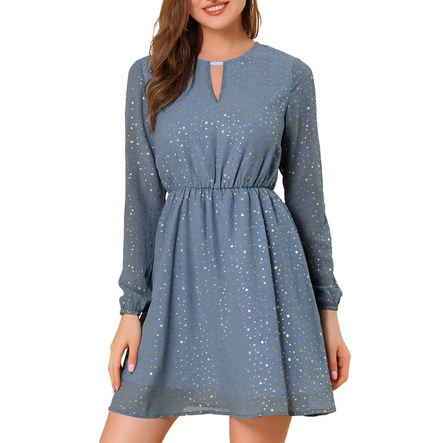 Vestido de fiesta de mujer Inspire Chic con cuello en V, mangas largas, con estrellas doradas, corte acampanado en A, color gris azul